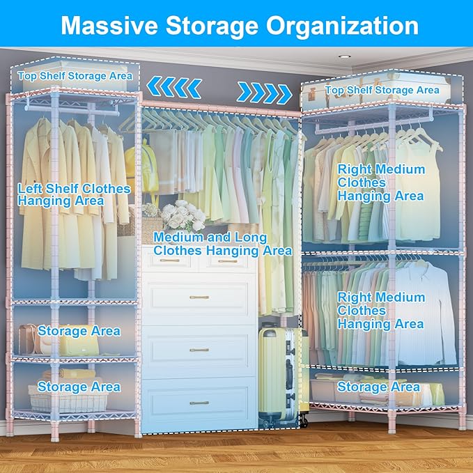 E10L L-Shaped Clothes Rack for Corner（With Expandable Hanger Rod）Heavy Duty Freestanding Clothing Racks for Hanging Clothes，Portable Garment Rack 58-82"W x 30"D x 72"H，Max Load 900LBS, Pink