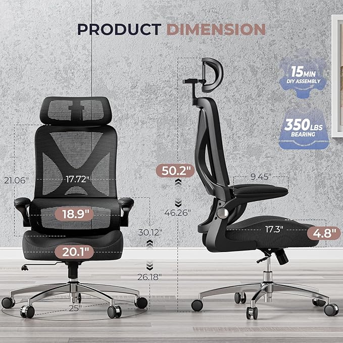 Ergonomic Office Chair with Headrest, Lumbar Support, Flip-Up Armrests, Thick Memory Foam Seat - 350lbs Capacity, Adjustable Height for Big & Tall, Perfect for Home Office Studios