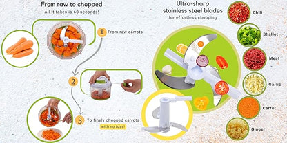 Brieftons QuickPull Manual Food Chopper: Large 4-Cup Powerful Hand Pull Chopper/Mincer/Mixer Blender to Chop Onion, Garlic, Vegetables, Fruits, Herbs for Salsa, Salad, Pesto, Puree, Indian Cooking