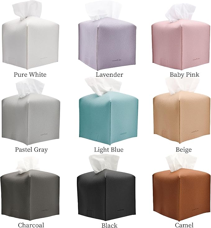 Tissue Box Cover Holder, Square with Bottom Belt by Carrot's Den - PU Leather Decorative Organizer for Tabletop, Bathroom, Car, Office | Pure White
