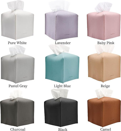 Tissue Box Cover Holder, Square with Bottom Belt by Carrot's Den - PU Leather Decorative Organizer for Tabletop, Bathroom, Car, Office | Charcoal