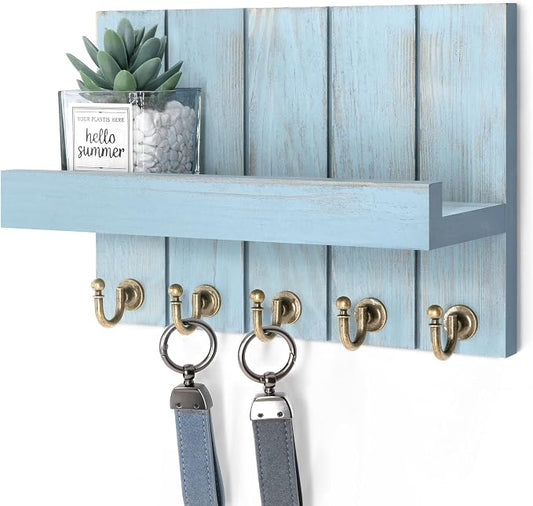 Rebee Vision Decorative Key Holder for Wall - Farmhouse Mail Organizer and Key Hanger Wall Mount for Floating Shelf with Hooks - Mid Century Home Decor Aesthetic (Distressed Blue,10-inch)