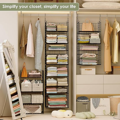 Hanging Closet Organizer and Storage - 8 Tier Closet Hanging Organizer Shelves, Metal & Foldable Hanging Storage Organizer Baskets with Adjustable Dividers for Clothing Sweaters Shoes Handbags
