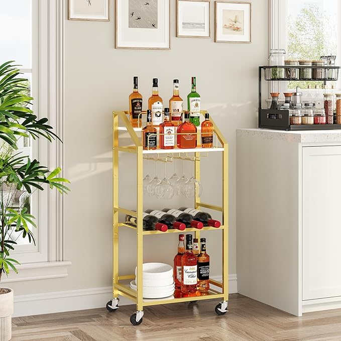 Bar Cart with Mirrored Shelf, Serving Cart for Home, Drink Cart with Wine Rack, Rolling Kitchen Cart with Wheels, Glass Holder, for Kitchen, Dining Room, Gold and White RCJW67M01
