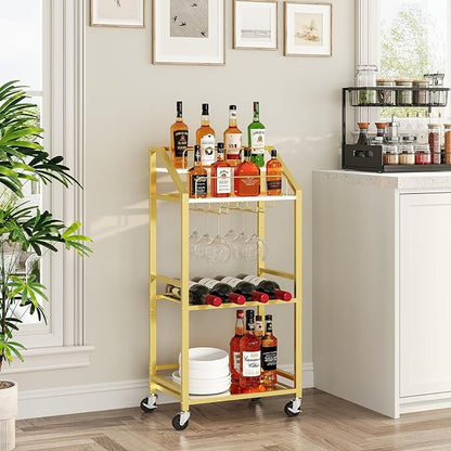 Bar Cart with Mirrored Shelf, Serving Cart for Home, Drink Cart with Wine Rack, Rolling Kitchen Cart with Wheels, Glass Holder, for Kitchen, Dining Room, Gold and White RCJW67M01