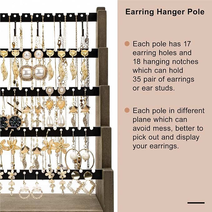 Pinzoveco Earring Organizer, 5 Layer Earring Holder Organizer with Necklace Holder Pole, Rustic Wood Jewelry Organizer Stand Display for Stud Earring Bracelet Necklace Ring, 175 Earring Holes