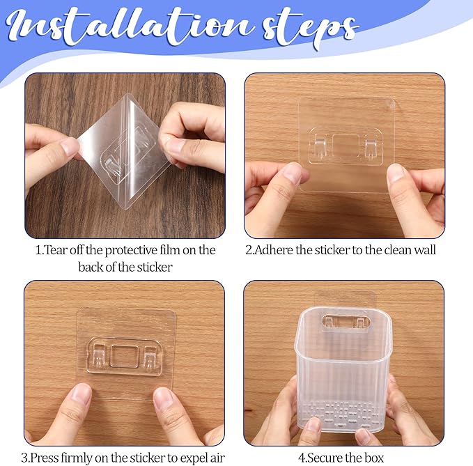 8 Pcs Clear Wall Basket, Wall Mounted Storage Bins Cabinet Door Organizer Plastic Shower Caddy with Self-Adhesive Hanger, Large Containers Box for Bathroom, Kitchen, Pantry, Countertop, No Drill Shelf