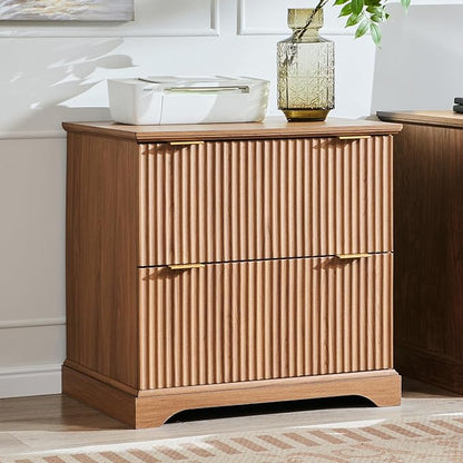 2 Drawer File Cabinet With Charging Station, 30" Fluted Lateral File Cabinet w/Files Hanging Rod for Letter/Legal/A4, Large Tabletop for Printer, Office Wood Printer Cabinets, Dark Chestnut Wood