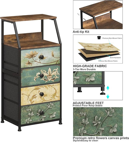 Tohomeor Dresser with Fabric Drawers Nightstand with 2 Tier Shelf Storage Tower for Bedroom Hallway Entryway Closet Organizer Sofa Beside Table Furniture (Multi, 4 Drawers)
