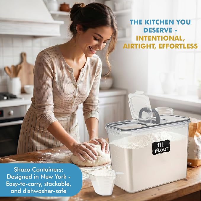 Shazo 2 PC (11L | 372 oz) Flour Sugar Storage Containers with Spout Lid & Easy Carry Handle - BPA Free Extra Large Airtight Food Storage Containers with Lids - Rice Canisters Sets for Kitchen & Pantry