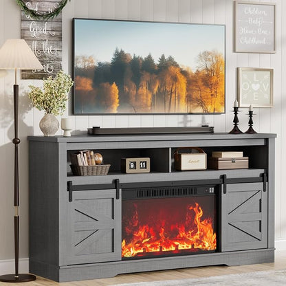 JUMMICO Fireplace TV Stand for 65+ Inch TV with 26'' Fireplace Entertainment Center with Storage Cabinet and Adjustable Shelves Media Console with Sliding Barn Door for Living Room (Pale Gray)
