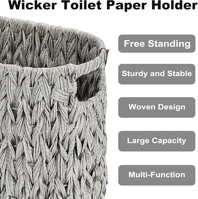 Sumnacon Toilet Paper Storage Basket Freestanding, Wicker Toilet Paper Holder Stand with Handle, Decorative Narrow Bathroom Baskets Sturdy Plastic Organizer Bin for Tissue Rolls, Toiletries, Towels