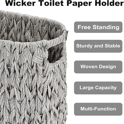 Sumnacon Toilet Paper Storage Basket Freestanding, Wicker Toilet Paper Holder Stand with Handle, Decorative Narrow Bathroom Baskets Sturdy Plastic Organizer Bin for Tissue Rolls, Toiletries, Towels