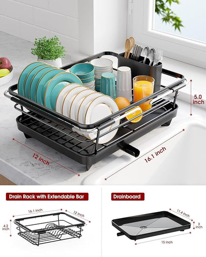 Extendable Dish Drying Rack Over Sink with Dish Drainer, Sink Organization and Storage Essentials with Silverware & Utensil Holder, Home and Apartment Decor, 12" W x 16.1~23" L, Black