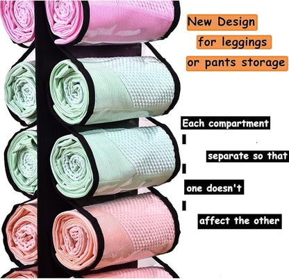 Legging Storage Bag Storage Hanger Can Holds 24 Leggings or Shirts Jeans Compartment Storage Hanger, Foldable Leggings Organizer Clothes Portable Closets Roll Holder (Black)