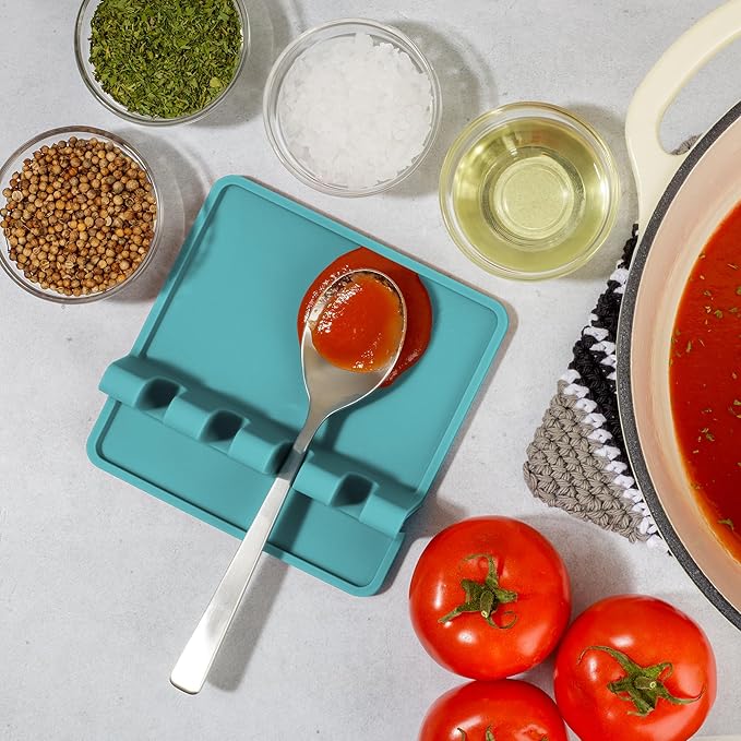 Zulay Kitchen Silicone Utensil Rest with Drip Pad for Multiple Utensils - BPA-Free, Heat-Resistant Spoon Rest & Spoon Holder for Stove Top - Kitchen Utensil Holder for Ladles & Tongs - Aqua Sky