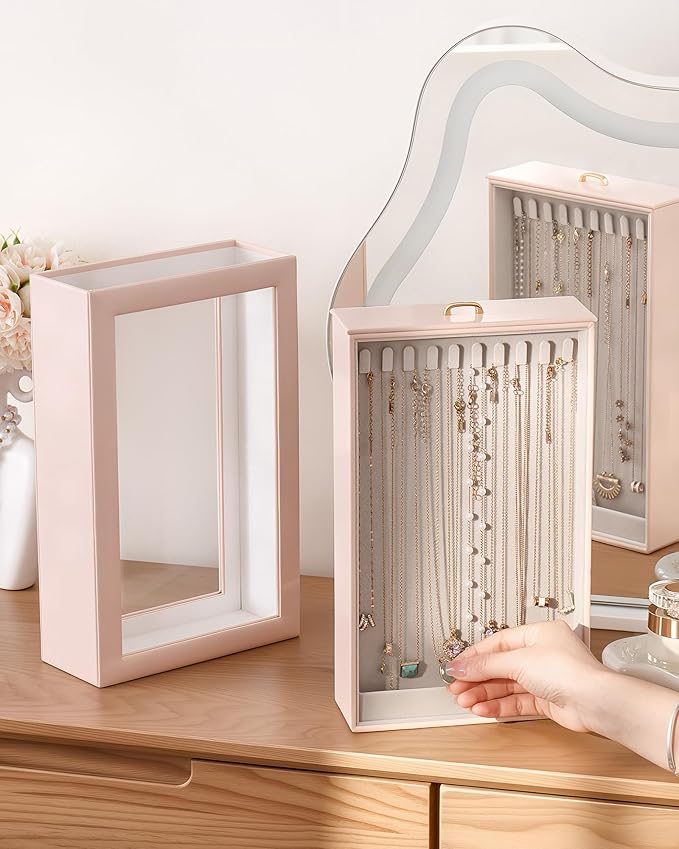 Lolalet Upgraded Double-Sided Hanging Necklace Organizer Box, Jewelry Display Case with Double-Sided Clear Window for Necklaces Bracelets, Tangle-Free Necklace Storage Box, Pink, 1-Layer 20 Hooks