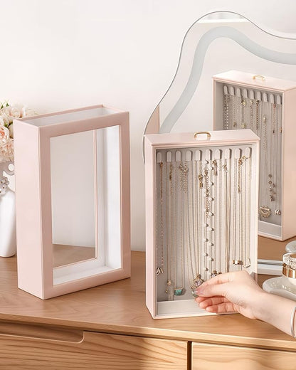 Lolalet Upgraded Double-Sided Hanging Necklace Organizer Box, Jewelry Display Case with Double-Sided Clear Window for Necklaces Bracelets, Tangle-Free Necklace Storage Box, Pink, 1-Layer 20 Hooks