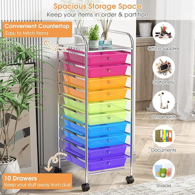 RELAX4LIFE 10 Drawer Rolling Cart, Slim Storage Cart w/Lockable Wheels for Classroom School Teacher Office, Art Supplies Paper Scrapbook Craft Organizers, Utility Cart with Drawers (Color)