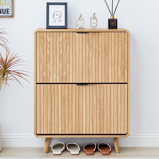 Fluted Shoe Cabinet Storage for Entryway,Slim Shoe Cabinet with 2 Flip Drawers, Narrow Shoes Rack Organizer (All Natural, 2 Drawers)