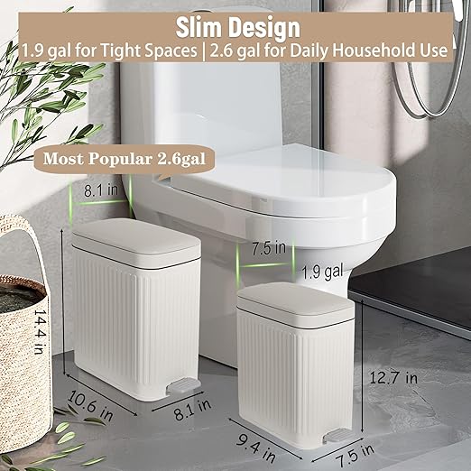 rejomiik Small Bathroom Trash Can with Lid Slim Soft Close Garbage Can Step Wastebasket Container Trash Bin for Office Bedroom Kitchen Living Room (1.9 Gallon Cream)