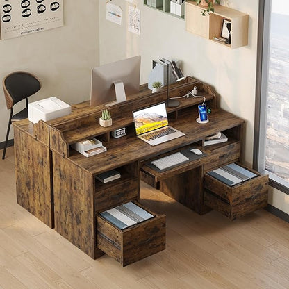 Bestier Farmhouse 59" Executive Desk with Drawers, Wood Computer Desk with Charging Station, Home Office Desk with Keyboard Tray & Monitor Stand, Sturdy Pedestal Desk for Work Study, Rustic Brown