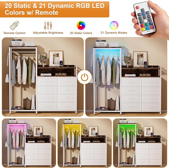 58" H Dresser with Hanging Rack,8 Fabric Drawers, Large Capacity Storage Organizer with USB Charging Station & LED Lights& Hooks for Bedroom Dorm Room Apartment,White