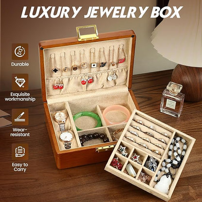 Solid Walnut Wood Jewelry Organizer Box with Lock,2-Layer Vintage Jewelry Box for Men Women, Velvet-Lined Storage for Earrings Rings Necklaces Bracelets Watches Perfect Father Day Gift Khaki