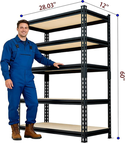 60" H x 28.03" W x 12" D Utility Shelves for Kitchen Pantry: 5-Shelf Storage-Rack Adjustable Metal+Wood Steel Stand Closet/Garage Shelving Unit Organizer System for Basement, Small (Black)