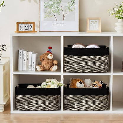 2 Pack Large Storage Basket for Organizing, 17.5"x13.5"x7.5" Woven Basket for Shelves, Closet Cube Storage Bins with Wrapped Handle, Cotton Rope Baskets for Kitchen, Clothes, Toys(Black & Brown)