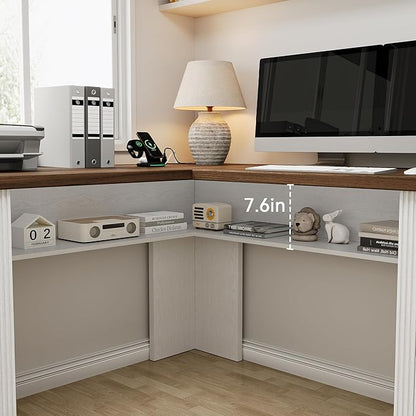 Farmhouse L Shaped Executive Desk with 4 Drawers, Home Office Desk with Hidden Under-Desk Storage Shelf and Charging Station, File Cabinet Storage, Wood Corner Computer Desk for Work(White+Brown)
