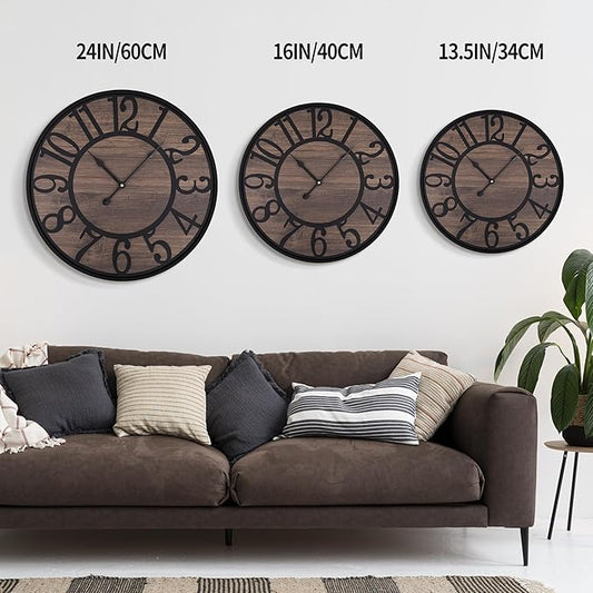 LEIKE Large Wall Clocks,Non Ticking Silent,Battery Operated Small Round Modern Wood Wall Clock for Living Room, Bedroom,Kitchen,Farmhouse,Office Vintage Home Decor-13.5 Inch/34CM-Black-Arabic Number