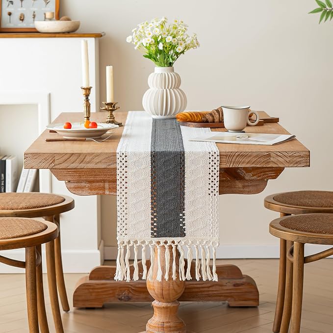 FEXIA Boho Table Runner for Summer Home Decor with Tassels 60 Inches Long Farmhouse Grey Rustic Burlap Table Runner Macrame Table Decoration for Kitchen Bedroom Living Room (12x60 Inches)