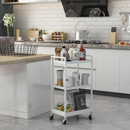 3-Tier Metal Utility Rolling Cart, Heavy Duty Multifunction Rectangular Cart with Lockable Casters, Kitchen Storage Carts Suitable for Office, Bathroom, Kitchen - White