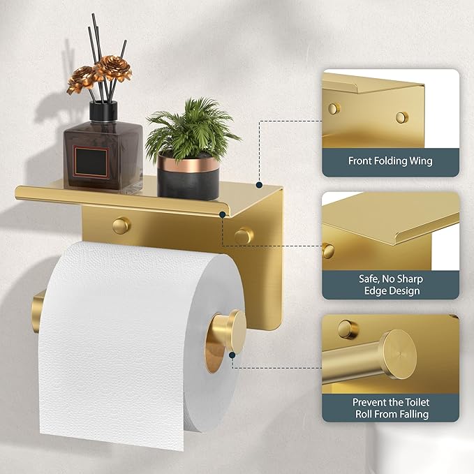 FORIOUS Toilet Paper Holder with Shelf, Adhesive or Screw Wall Mount Toilet Paper Roll Holder for Bathroom, 304 Stainless Steel Commercial Toilet Tissue Roll Dispenser with Phone Shelf (Brushed Gold)