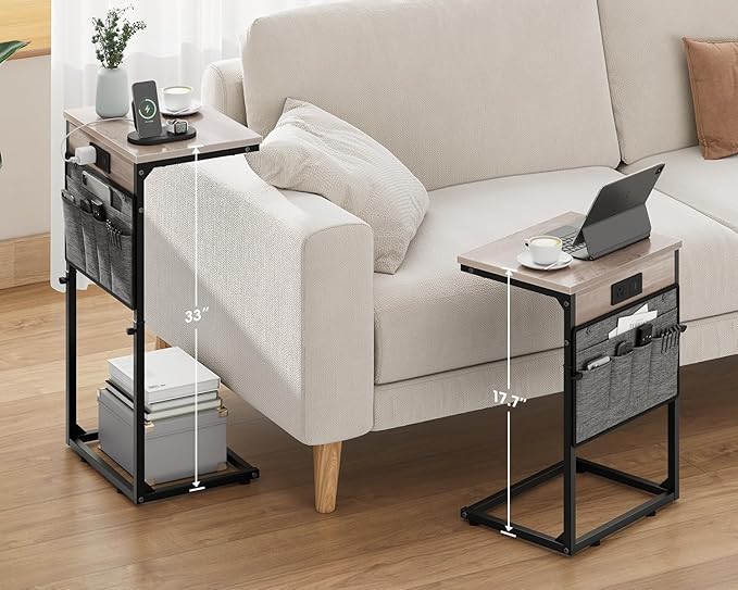 Vagusicc C Shaped End Table with Charging Station, 33"Tall C Table End Table Adjustable Height Side Table for Couch, Sofa Table Slide Under Couch Table TV Tray Arm Table for Living Room, Bedroom, Grey