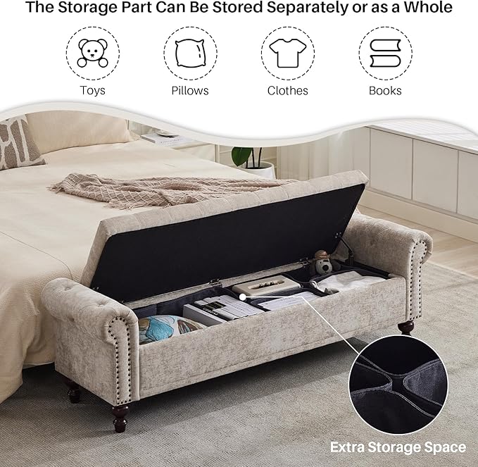 Storage Bench for Bedroom, 67" End of Bed Bench King Size, Upholstered Chenille Storage Ottoman with Tufted Cushioned Rolled Arm Large Storage Space for Living Room Entryway, Light Brown