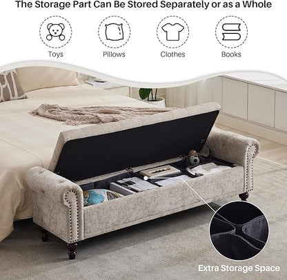 Storage Bench for Bedroom, 67" End of Bed Bench King Size, Upholstered Chenille Storage Ottoman with Tufted Cushioned Rolled Arm Large Storage Space for Living Room Entryway, Light Brown