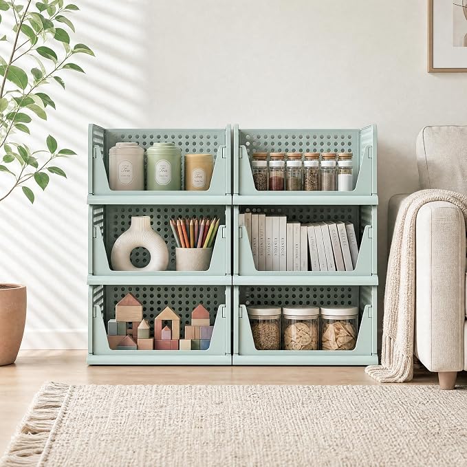 Pinkpum Green Boy Closet Organizers and Storage Stackable Plastic Drawer Basket for Clothing Stackable Storage Bins Shelf Storage Container for Rv Closet Wardrobe Bedroom Bathroom Playroom Man 6 Pack