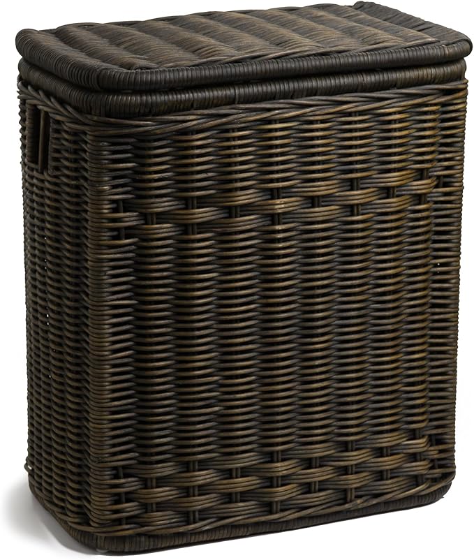 The Basket Lady Narrow Wicker Rectangular Laundry Hamper, 21 in L x 13 in W x 24 in H, Antique Walnut Brown