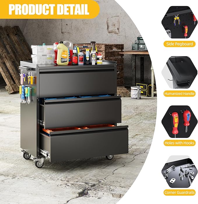 Garage Storage Cabinet with Wheels and Pegboard, Metal Rolling Tool Storage Cabinet with 3 Drawers for Garage, Home, Warehouse, Basement, Assembly Required, Black