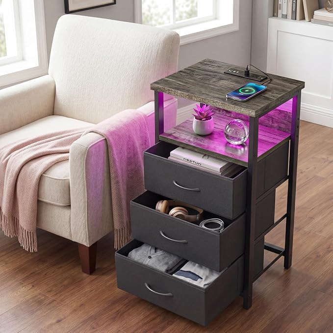 Fixwal Night Stand with Charging Station, LED Nightstand with U-S-B Ports and Outlets, 3 Fabric Storage Drawers with PU Finish, Bed Side Table, Charcoal Gray