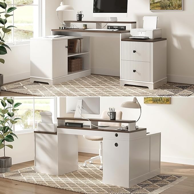 67" L Shaped Executive Desk with Drawers & Storage Shelf, Corner Computer Desk with Power Outlets, Home Office Desk with Monitor Stand, Printer Shelf, Computer Writing Desk for Work, Antique White