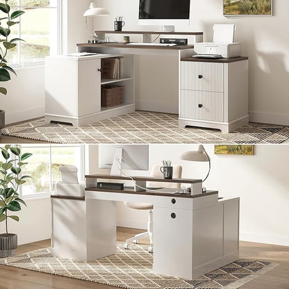 67" L Shaped Executive Desk with Drawers & Storage Shelf, Corner Computer Desk with Power Outlets, Home Office Desk with Monitor Stand, Printer Shelf, Computer Writing Desk for Work, Antique White
