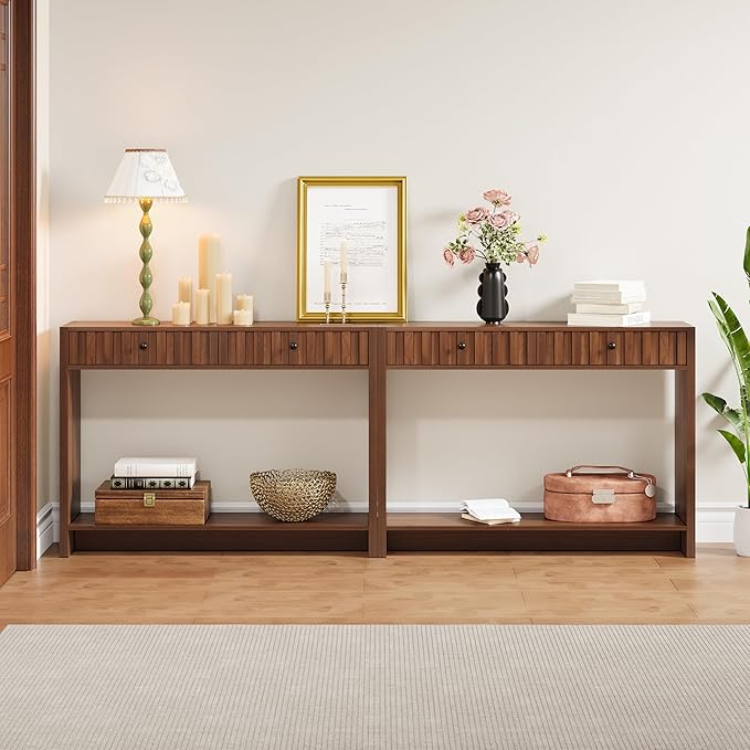 Console Table with Drawers, Narrow Mid-Century Fluted Entryway Table Sofa Table with Storage Shelf, Wood Entry Table Accent Behind Couch Table for Entrance, Hallway, Living Room (Walnut)