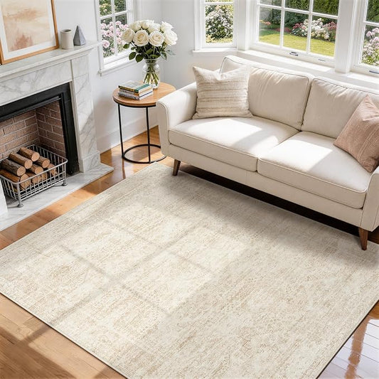5x7 Area Rugs for Living Room Rug Washable: Abstract Rug for Dining Room Bedroom Carpet Non Slip 5 by 7 Indoor Modern Nursery Home Office Beige