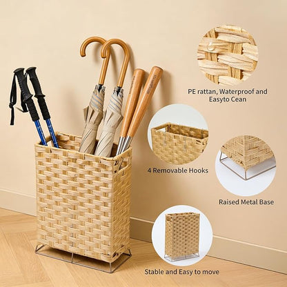 Rattan Umbrella Stand with Built-in Water Reservoir & Hooks, Hand Woven Umbrella Rack Organizer Freestanding - Stable, High-Capacity Organizer for Home and Office - 11.8" L x 5.5" W x 16.5" H
