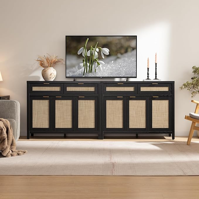SICOTAS Rattan Sideboard Buffet Cabinet with Storage, Boho Credenza Accent Cabinet with 3 Doors and 2 Drawers, Farmhouse Console Coffee Bar for Kitchen, Living Room, and Entryway, Black Oak