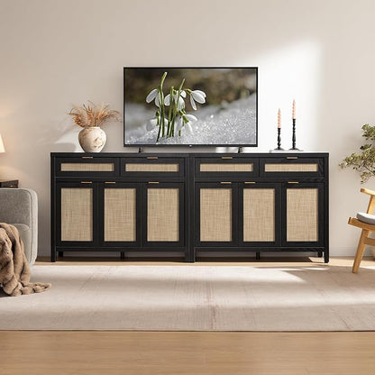 SICOTAS Rattan Sideboard Buffet Cabinet with Storage, Boho Credenza Accent Cabinet with 3 Doors and 2 Drawers, Farmhouse Console Coffee Bar for Kitchen, Living Room, and Entryway, Black Oak