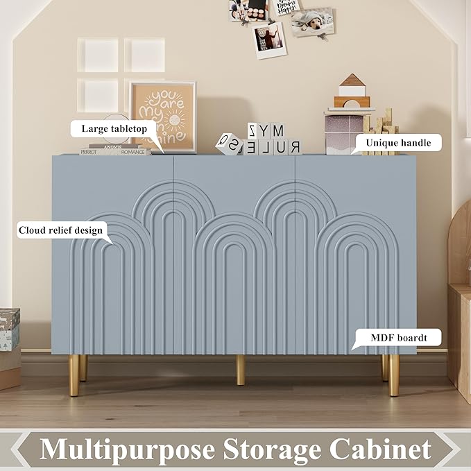 ARTPOWER 47" Accent Cabinet with Cloud Relief, Sideboard Buffet Cabinet with 3 Doors, Modern Decorative Credenza with Storage for Living Room, Kitchen, Dining Room, Hallway, Entryway, Blue
